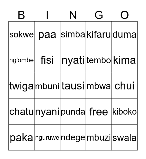 Swahili Animal BINGO Card