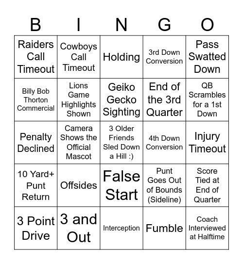 Nik's Birthday Eve Monday Night Football Bingo Card