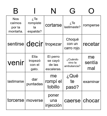 En el Hospital: Verbs Bingo Card