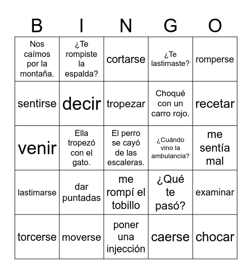 En el Hospital: Verbs Bingo Card
