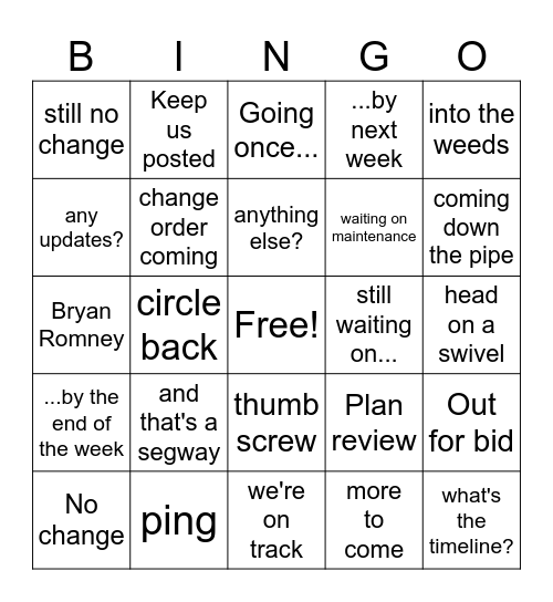 Facilities Bingo Card