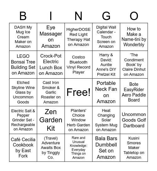 Unusual Holiday Gifts Bingo Card