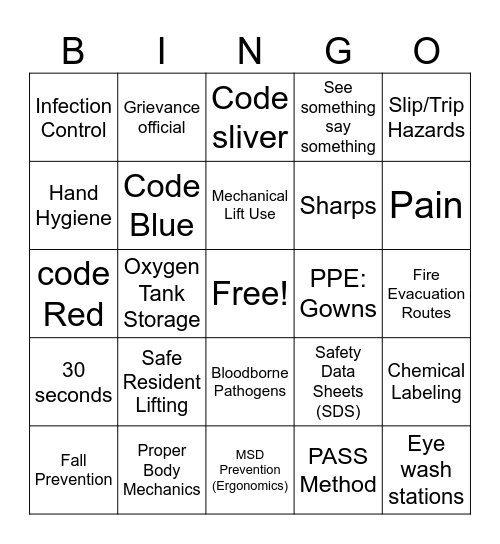 Safety Bingo Card
