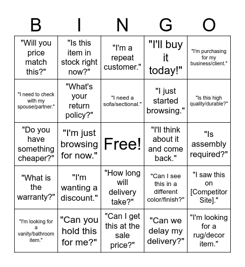 “Things my customer said…” Bingo Card