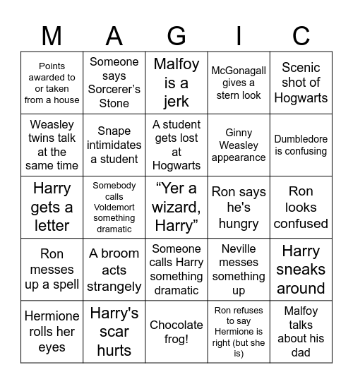 Harry Potter and the Sorcerer's Stone Bingo Card