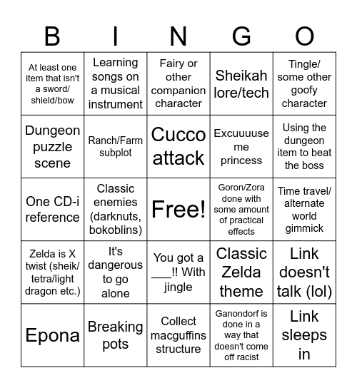 Zelda movie Bingo Card