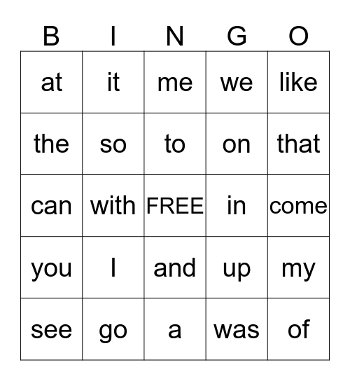 Kindergarten Sight Words Bingo Card