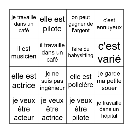Les métiers Bingo Card