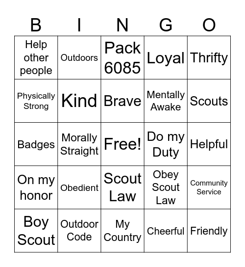 Cub Scouts Bingo Card