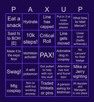 PAX Main Theater Bingo Card