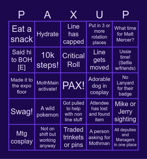 PAX Main Theater Bingo Card