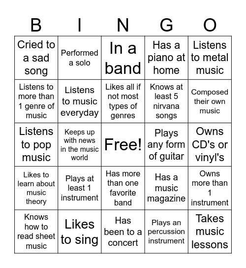 Music BINGO Card Bingo Card