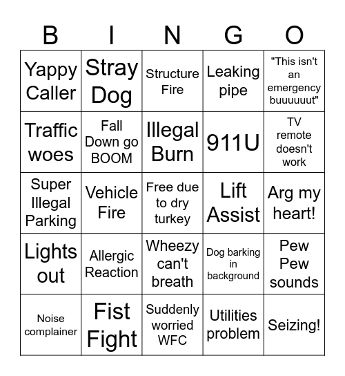Call Taker Bingo Card