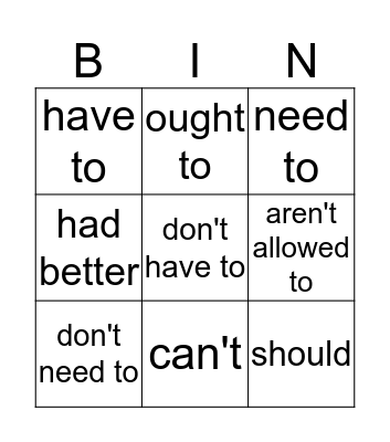 Modal Verbs Bingo Card