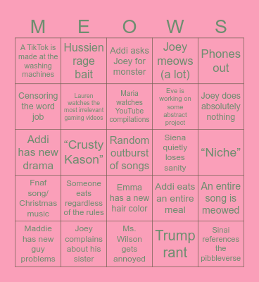 2nd period Bingo Card