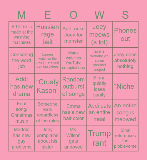 2nd period Bingo Card