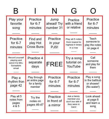 Beginning Band Bingo Card