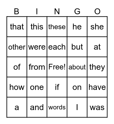 Sight Words Bingo Card