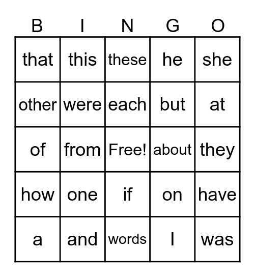 Sight Words Bingo Card