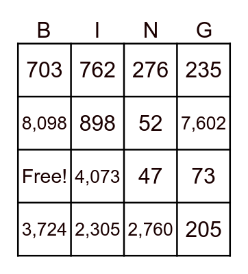 Place Value Bingo Card
