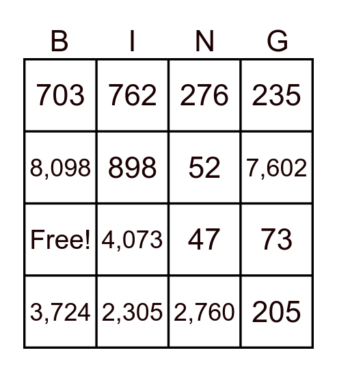 Place Value Bingo Card