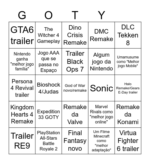 Meu TGA 2025 Bingo Card