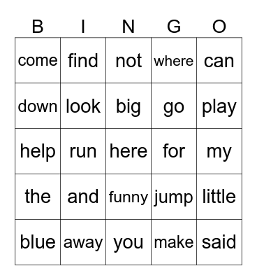 Pre-Primer Sight Words Bingo Card