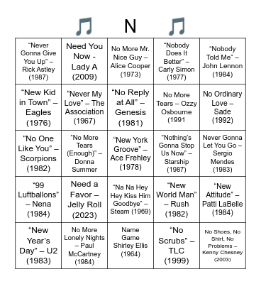 SONGS THAT BEGIN WITH THE LETTER "N" Bingo Card