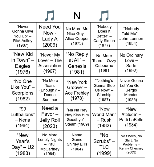 SONGS THAT BEGIN WITH THE LETTER "N" Bingo Card