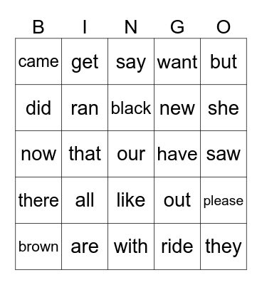 Pre-Primer Sight Words Bingo Card