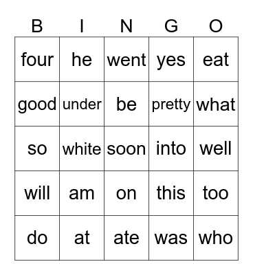 Primer Sight Words #2 Bingo Card