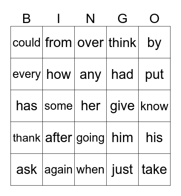 1st Sight Words #1 Bingo Card