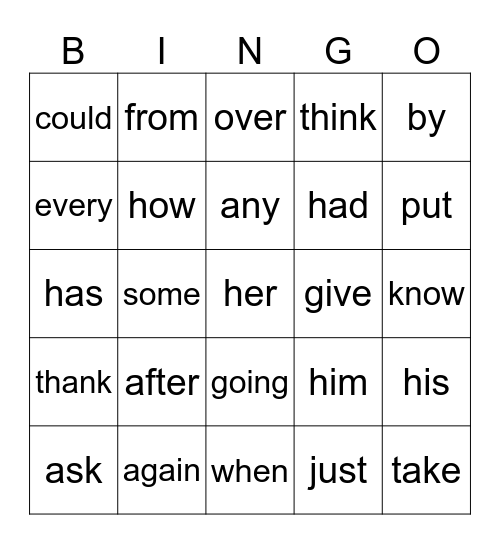 1st Sight Words #1 Bingo Card