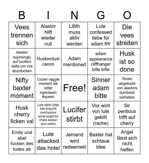 Hazbin predictions Bingo Card