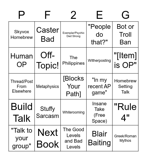 PF2E GenChat Bingo Card