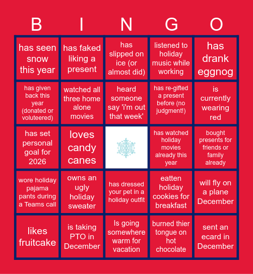 Virtual Holiday Bingo Card