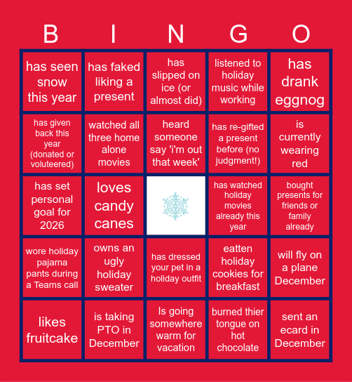 Virtual Holiday Bingo Card