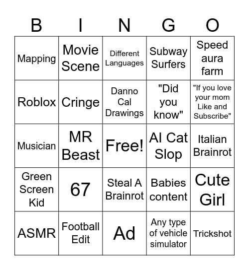 YT Shorts Bingo Card