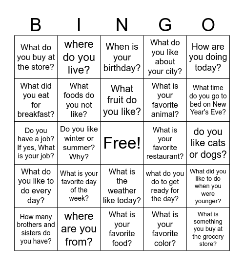 Conversation Bingo Card