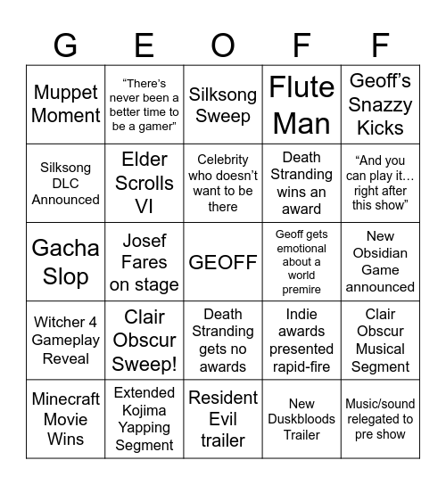 TGA 2025 Bingo Card