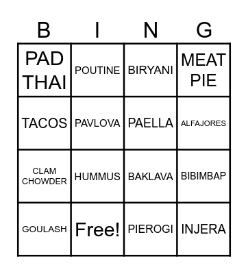Global Food Bingo Card