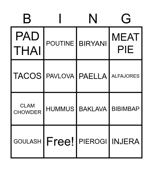 Global Food Bingo Card