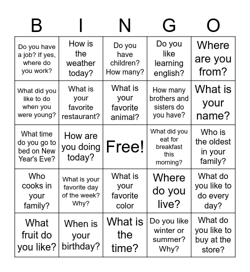 ESL Conversation Bingo Card
