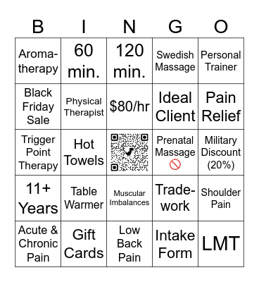 Connective Balance Therapeutic Massage Bingo Card