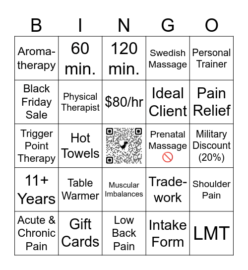 Connective Balance Therapeutic Massage Bingo Card