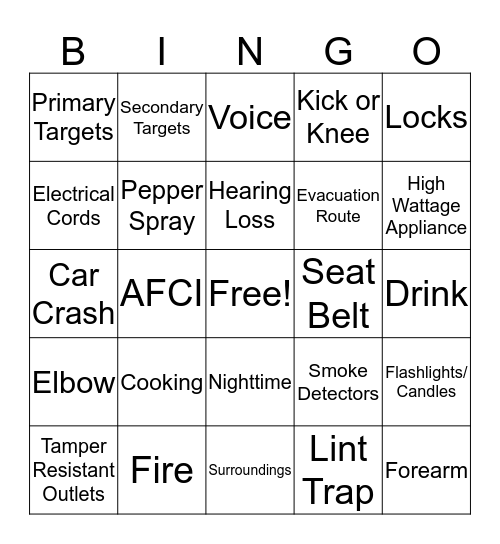 Personal Safety Bingo Card