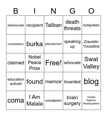 Malala Reading: Foundations English 5-7 Bingo Card