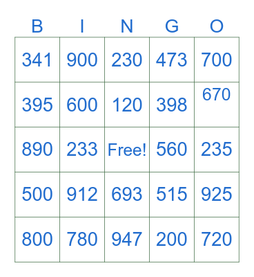Numeros 1-1,000 Bingo Card