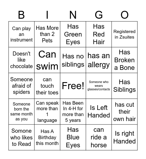 4-H Bingo Card