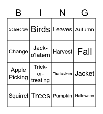 Fall Vocabulary Bingo Card